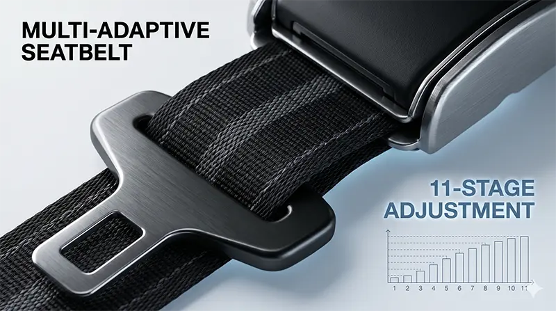 Macro close-up of premium seatbelt webbing texture with text overlay indicating Multi-Adaptive tech and 11-stage load limiter