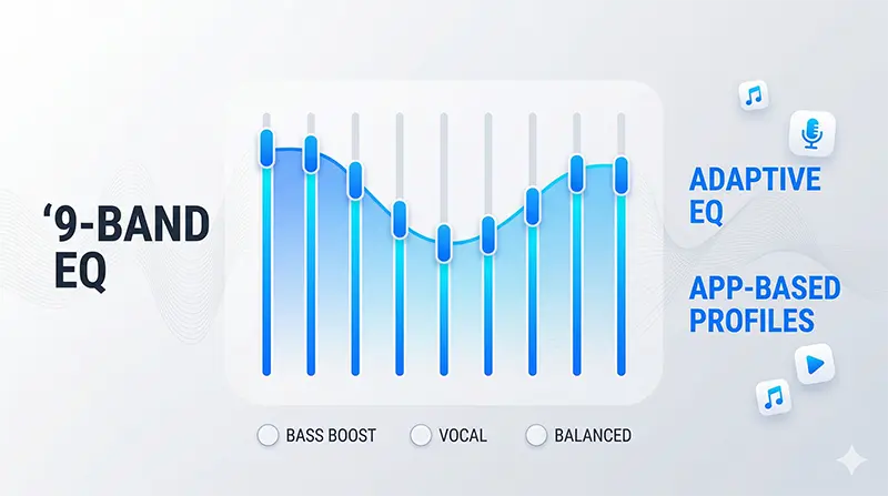 Audio customization infographic showing 9-band equalizer UI mockup with Adaptive EQ and app-based profile saving features allowing different EQ settings per application