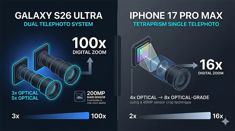 Technical infographic visualizing the zoom capabilities of Galaxy S26 Ultra’s dual telephoto system with 3X and 5X optical reaching 100X digital versus iPhone 17 Pro Max’s tetraprism 4X optical extending to 8X optical-quality and 16X digital