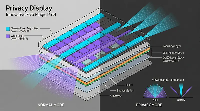 Technical cross-section diagram illustrating Flex Magic Pixel technology with alternating Narrow and Wide pixel structure, showing light path differences between normal mode and privacy mode with viewing angle visualization