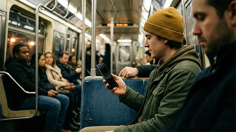Real-life lifestyle photograph of person using Samsung S26 Ultra with privacy mode activated on crowded subway train, demonstrating how the screen remains visible to the user while darkened from side viewing angles