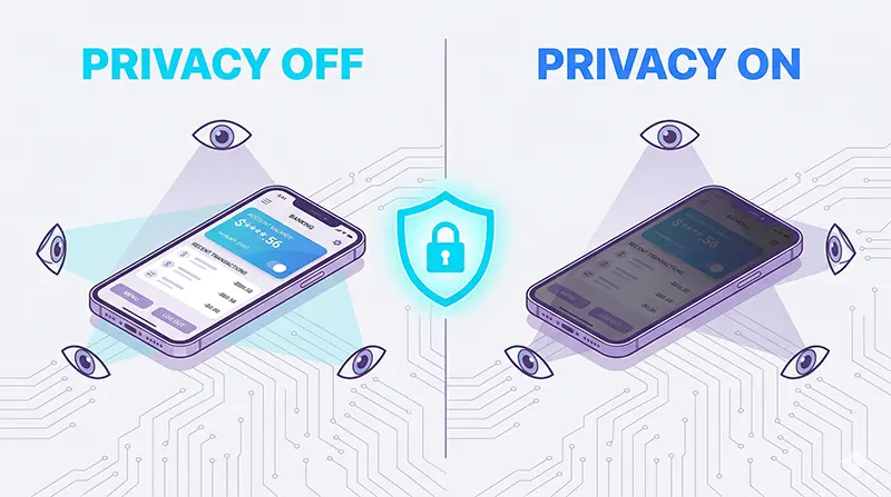 Isometric illustration comparing Samsung Galaxy S26 Ultra privacy display feature in OFF and ON modes, demonstrating how the screen darkens from side viewing angles to protect sensitive information in public spaces
