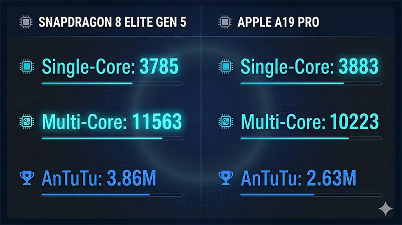 Performance infographic comparing Snapdragon 8 Elite Gen 5 versus Apple A19 Pro with detailed Geekbench single-core, multi-core, and AnTuTu benchmark scores showing competitive results across metrics