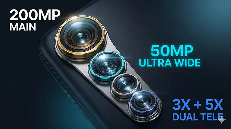 Extreme macro closeup of Samsung Galaxy S26 Ultra rear camera module showcasing the 200MP main sensor with gold ring accent, 50MP ultra-wide lens with cyan accent, and dual 3X plus 5X telephoto lenses