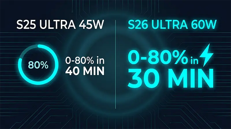 Charging speed comparison infographic showing Galaxy S26 Ultra’s 60W versus S25 Ultra’s 45W, highlighting 0-80% charge time reduction to 30 minutes with circular progress visualization