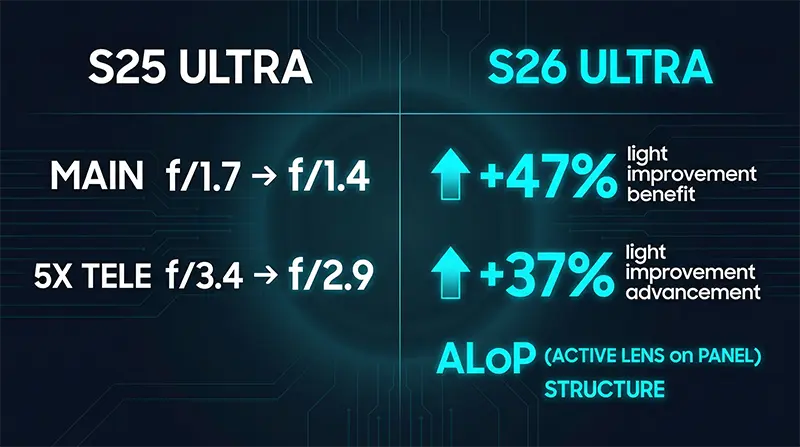 Comprehensive infographic comparing camera specifications between S25 Ultra and Samsung S26 including aperture improvements, ALoP structure, and Nightography expansion across all lenses