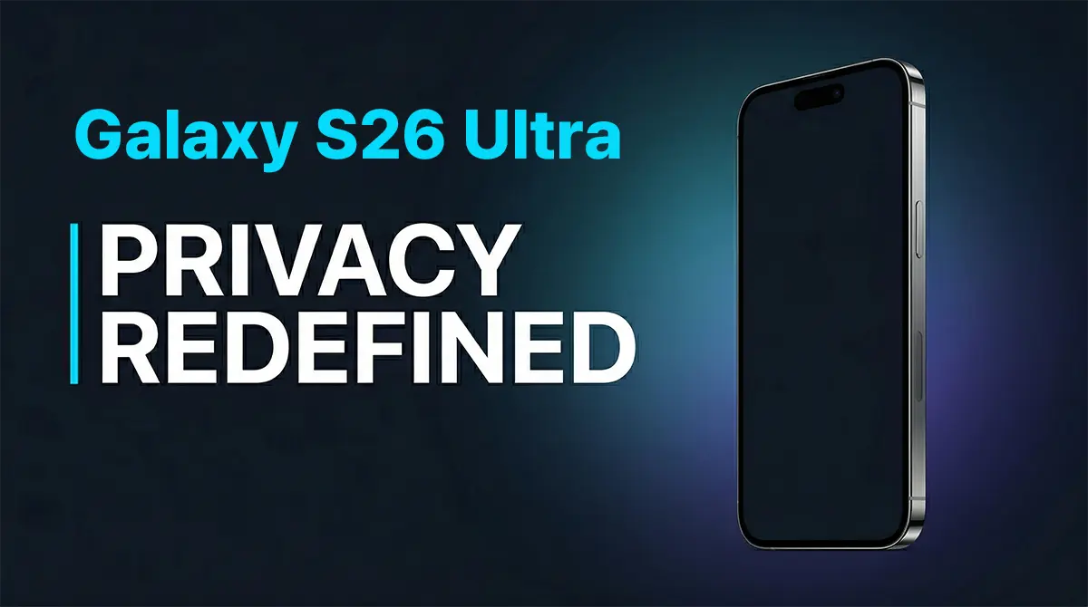 Samsung S26 Ultra marketing banner showcasing the world’s first hardware-based Privacy Display technology with sleek product render against dark premium background emphasizing innovation and security