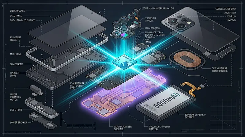 Technical exploded diagram of Snapdragon 8 Elite Gen 5 processor with 15% enlarged vapor chamber cooling system, showing internal component layout with glowing cyan highlights and detailed callout labels