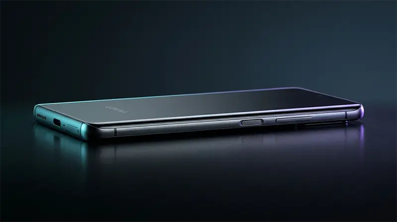 Side profile view of Samsung S26 showcasing the remarkably thin 7.9mm body thickness and beautifully refined rounded corner edges with premium metallic frame catching dramatic studio lighting