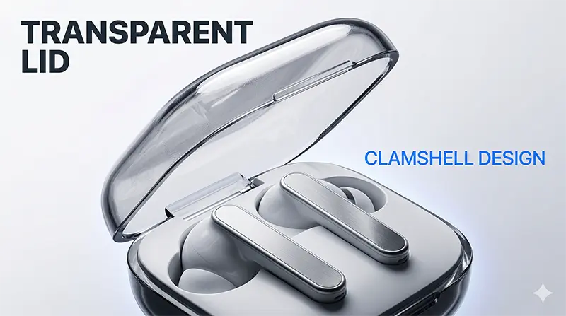 Extreme close-up macro shot of the transparent clamshell charging case with lid open showing white earbuds seated horizontally in precisely molded recesses inside