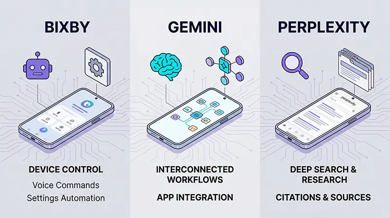 Three-column illustration comparing Bixby’s device control capabilities, Gemini’s multi-step automation tasks, and Perplexity’s AI search functions, showing each assistant’s specialized domain