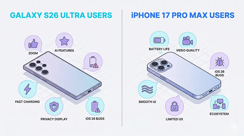 Isometric illustration comparing user feedback with Galaxy S26 Ultra users praising zoom, AI features, fast charging, and privacy display while iPhone 17 Pro Max users highlight battery life, video quality, smooth UI, and ecosystem integration alongside respective concerns