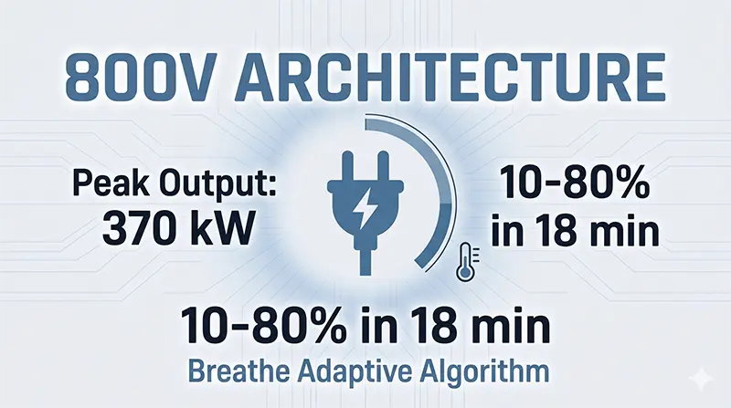 Infographic of Volvo EX60 800V architecture with 370 kW peak output and Breathe adaptive charging algorithm visualization