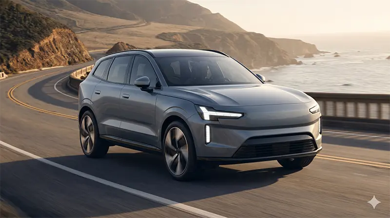 Cinematic low-angle action shot of Volvo EX60 on coastal highway at golden hour with motion blur conveying dynamic speed