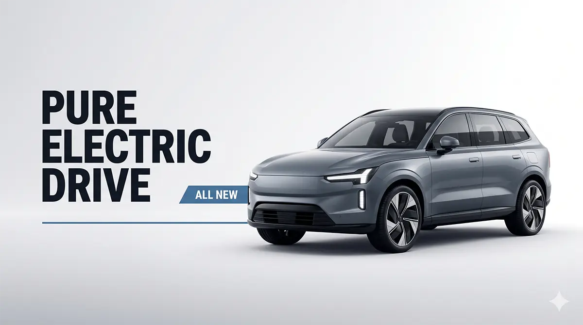 Volvo EX60 electric SUV banner with 'PURE ELECTRIC DRIVE' headline, 3/4 front render and vertical T-shaped LED DRLs