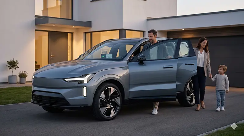 Lifestyle photo of family exiting Volvo electric SUV in suburban driveway at golden hour with Scandinavian home backdrop