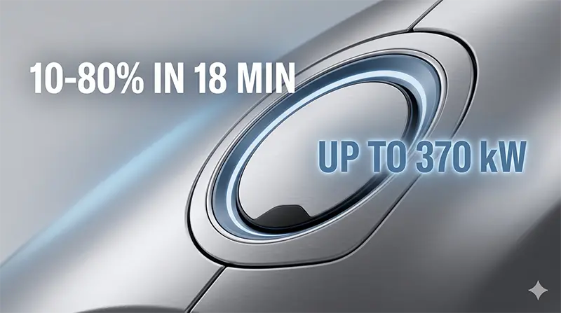 Macro close-up of Volvo EX60 charging port with illuminated blue-gray ring and text showing 10-80% charge in 18 minutes