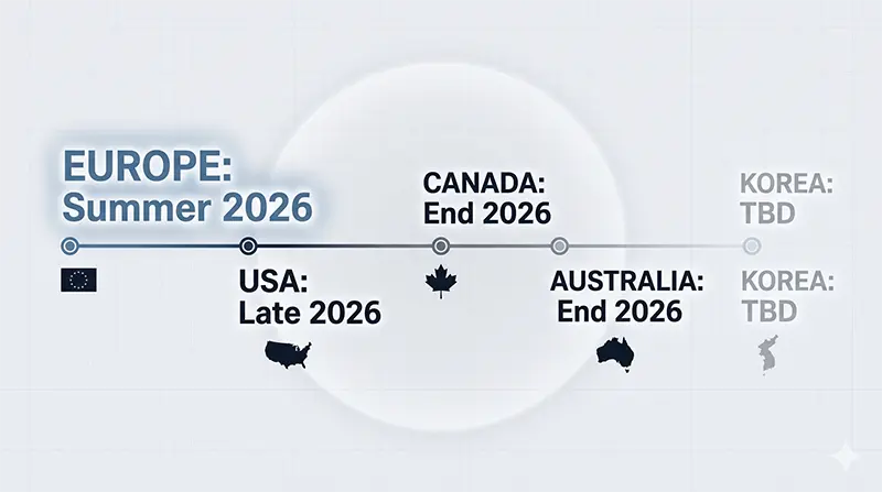 Volvo EX60 global release date timeline infographic with sequential rollout from Europe summer 2026 to USA and Canada