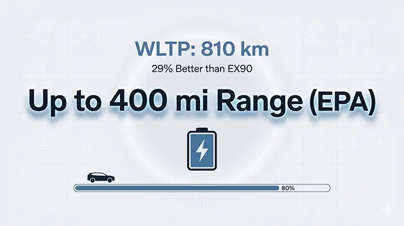 Range infographic for Volvo EV P12 trim showing up to 400 mi EPA range and WLTP 810 km with 29% improvement over EX90