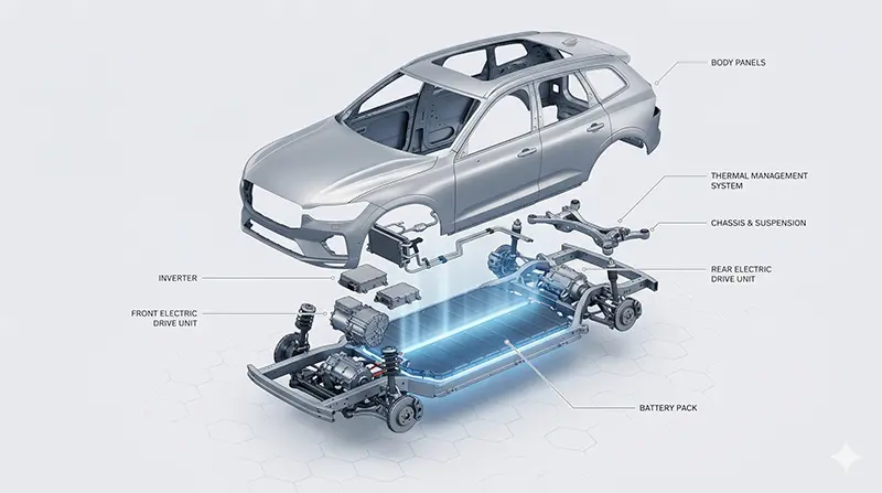 Isometric exploded view of Volvo EX60 skateboard platform showing flat battery pack foundation with drive units layered above