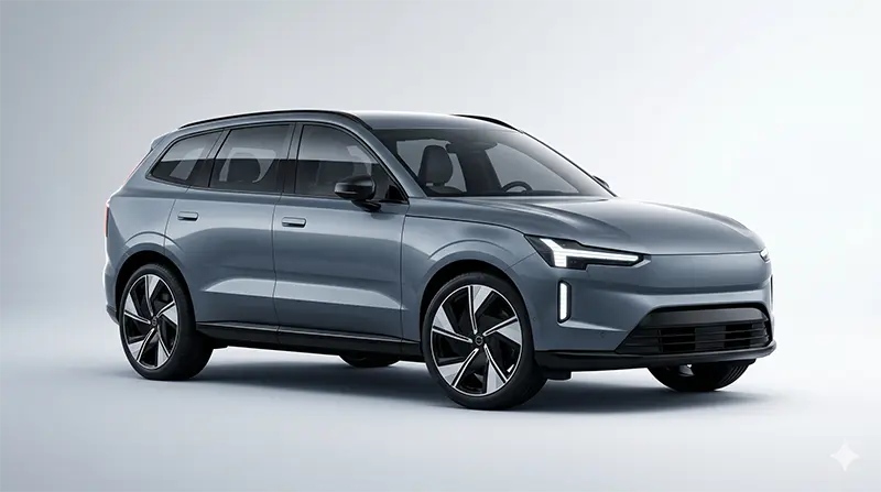 Volvo EX60 electric SUV in 3/4 front studio shot with vertical T-shaped LED headlamps and slate gray finish