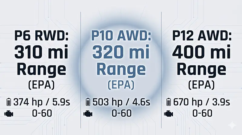 Three-column infographic comparing Volvo EX60 price across P6 RWD, P10 AWD and P12 AWD trims with EPA range and acceleration