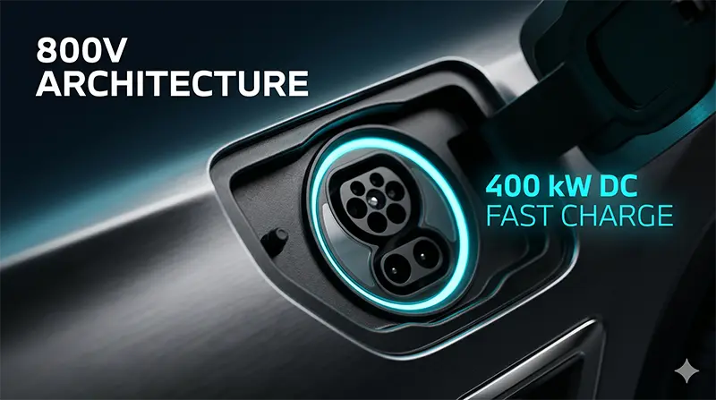Macro close-up of BMW iX3 charging port showing 800V architecture with illuminated cyan ring and 400 kW DC capability