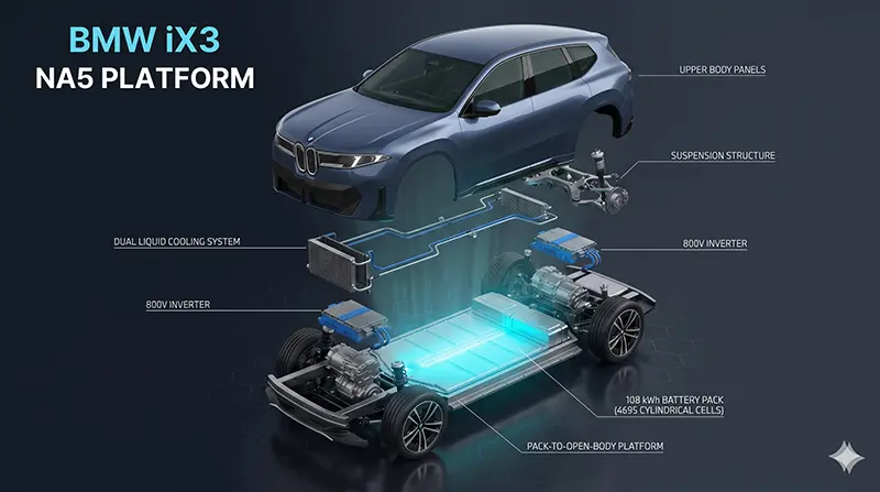 Isometric exploded view of BMW iX3 Neue Klasse platform showing Pack-to-Open-Body battery integration and 800V architecture