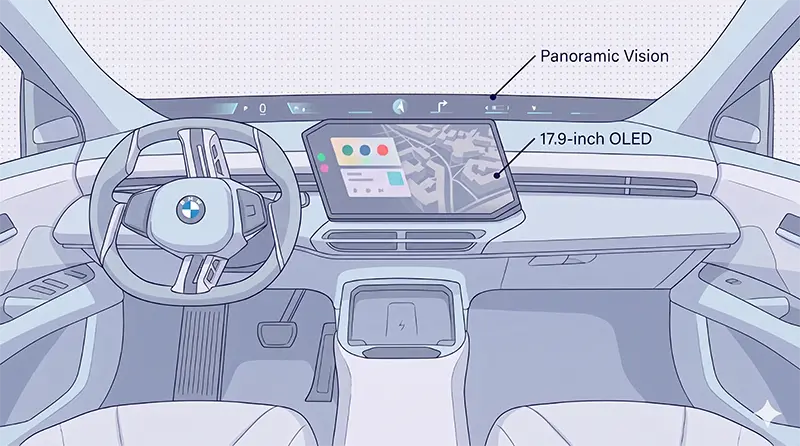 Wide interior view of BMW iX3 showing Panoramic Vision display across windshield with 17.9-inch OLED center screen