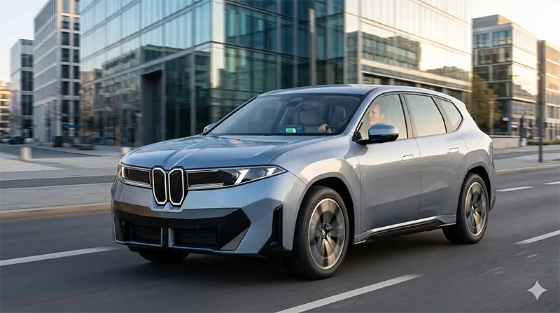 Premium photograph of BMW iX3 navigating urban streets with driver visible, conveying smooth regenerative braking experience