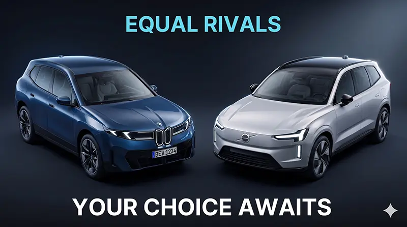 Studio photography showing BMW iX3 and Volvo EX60 side by side in 3/4 front angle under dramatic lighting on dark backdrop