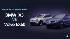 Marketing banner showing BMW iX3 and Volvo EX60 electric SUVs side by side with bold headline against dark gradient