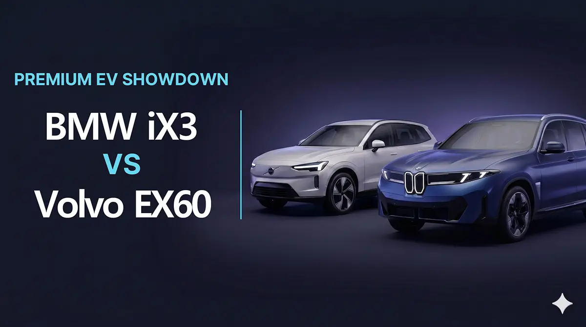 Marketing banner showing BMW iX3 and Volvo EX60 electric SUVs side by side with bold headline against dark gradient