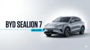 BYD Sealion 7 electric SUV at 3/4 angle on gradient background with Ocean Aesthetics design and horizontal LED light bar