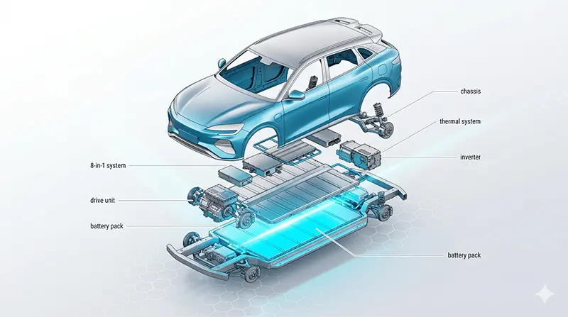 Isometric exploded view of BYD Sealion 7 showing e-Platform 3.0 with Cell-to-Body structure and 82.5kWh Blade Battery pack