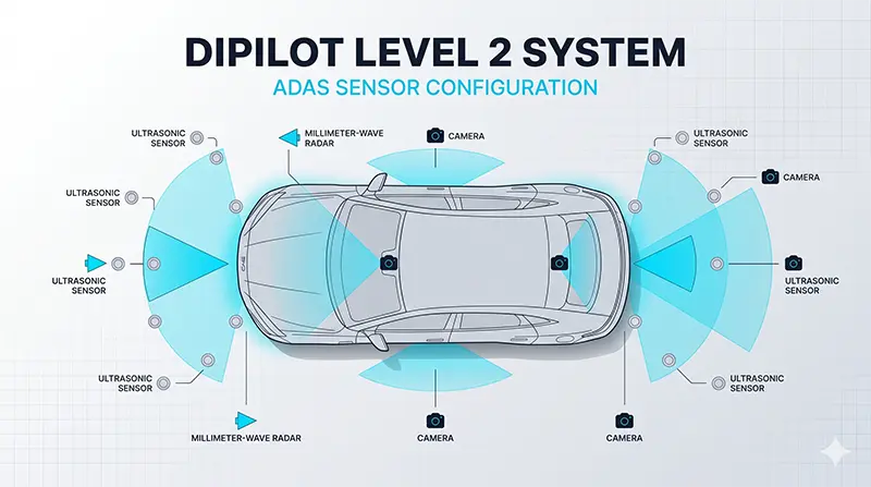 DiPilot Level 2 sensor layout showing BYD Sealion 7 with 12 ultrasonic sensors, 5 radars, and 11 cameras with detection zones