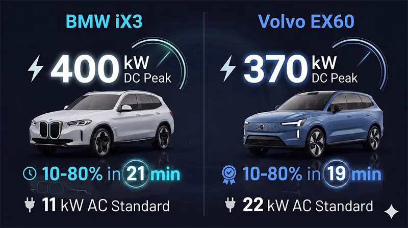 Charging speed comparison showing BMW iX3’s 400 kW peak versus Volvo EX60’s 370 kW with 10-80% times and AC rates