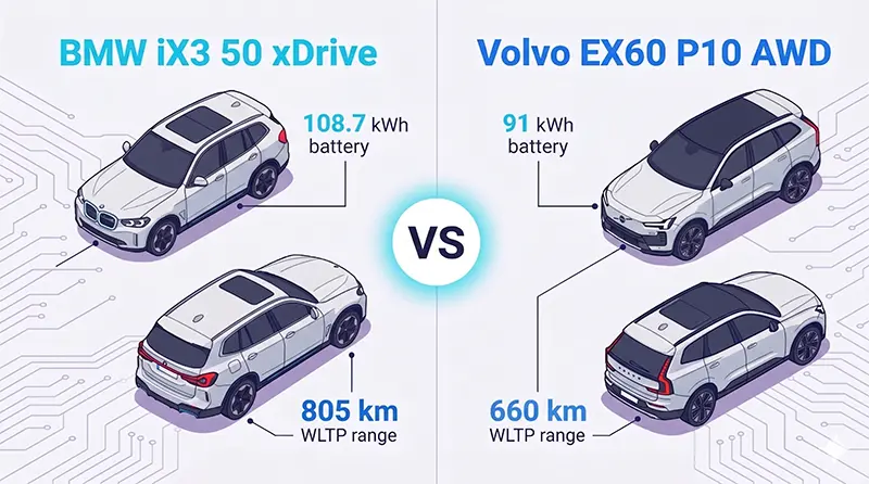 Split-screen illustration comparing BMW iX3’s 108.7 kWh battery and 500 mi EPA range versus Volvo EX60 P10’s 91 kWh and 410 mi