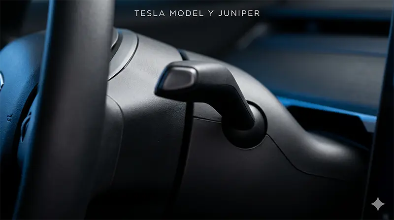 Macro close-up of Tesla Model Y Juniper’s left turn signal stalk showing physical control retention