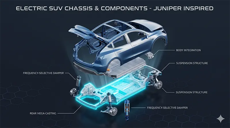 Exploded view of Tesla Model Y Juniper’s rear mega-casting structure and frequency-selective damper suspension