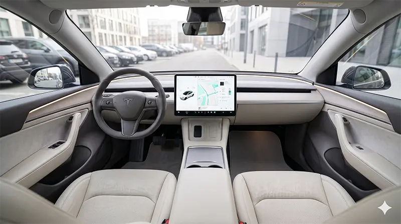 Wide-angle view of Tesla Model Y Juniper cabin with 15.4-inch display and minimalist dashboard design