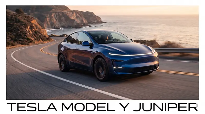 Dynamic shot of Tesla Model Y Long Range AWD driving coastal highway with motion blur and golden hour light