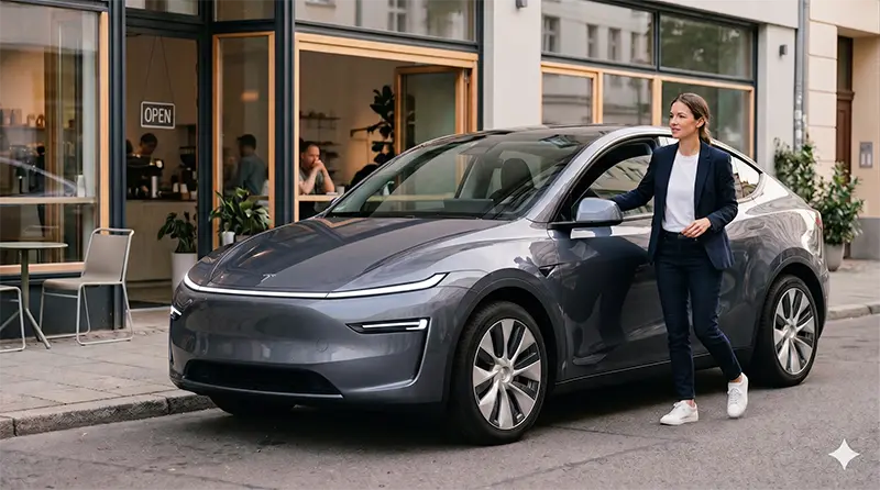 Lifestyle photo of Tesla Model Y RWD parked at urban cafe with driver stepping out in daily city scenario
