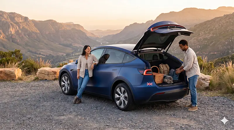 Lifestyle photo of couple enjoying weekend outing with Tesla Model Y Juniper at scenic mountain viewpoint