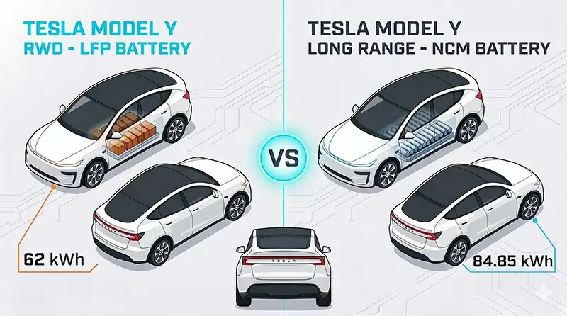 特斯拉 Model Y RWD磷酸鐵鋰電池與長續航三元鋰電池化學與續航的分屏比較