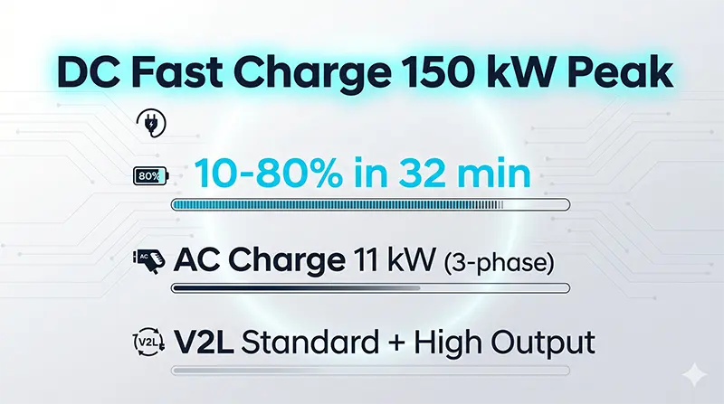 BYD Sealion 7 charging infographic displaying 150kW DC peak output and 10-80% time of 32 minutes with progress bars