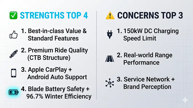 Split infographic comparing BYD Sealion 7 top 4 strengths versus top 3 concerns with icons and layout