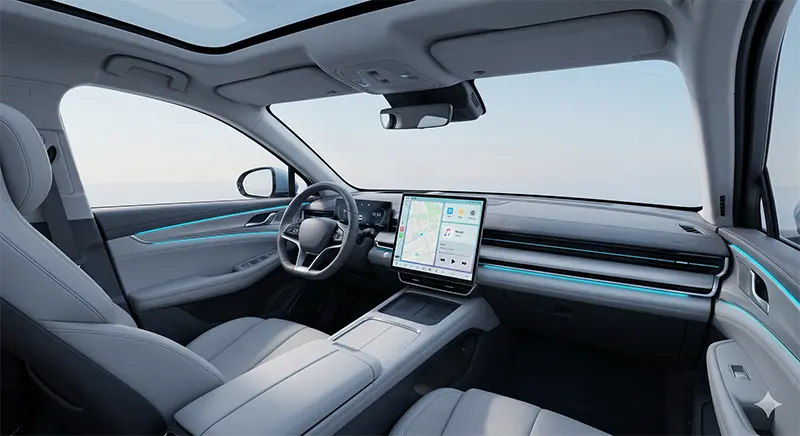 Wide interior view of BYD Sealion 7 with 15.6-inch rotating display, digital cluster, and 50W wireless charging