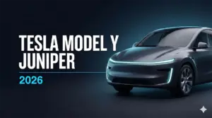 Premium marketing banner of Tesla Model Y Juniper electric SUV at 3/4 front angle with full-width LED light bar