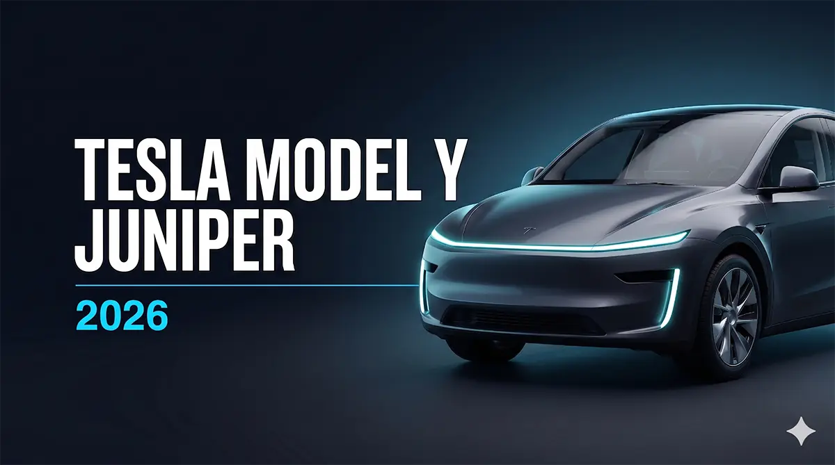 Premium marketing banner of Tesla Model Y Juniper electric SUV at 3/4 front angle with full-width LED light bar